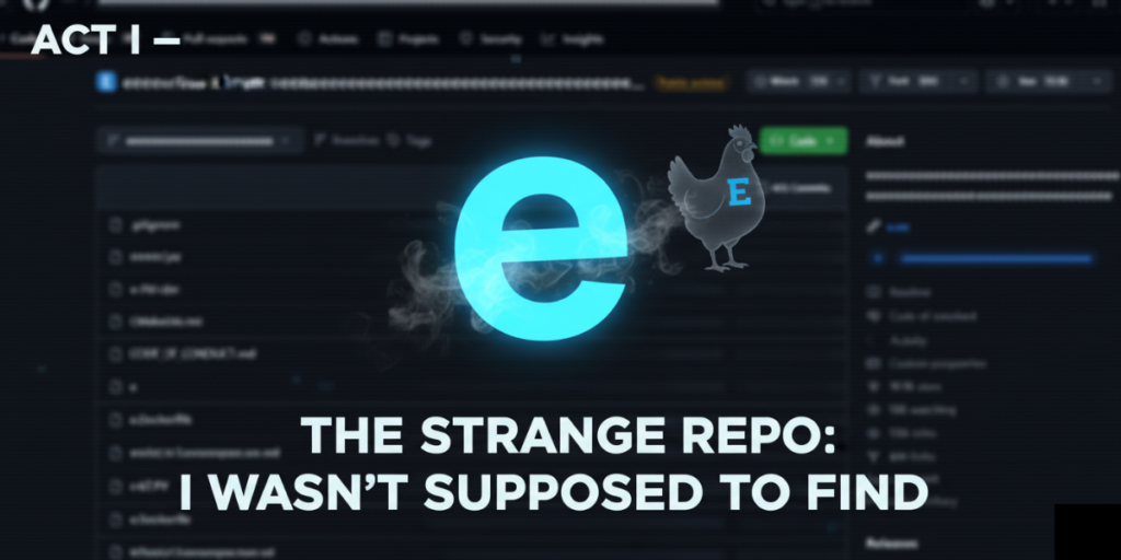 Title card: Act I - The Strange Repo: I Wasn't Supposed to Find. Features a glowing, stylized lowercase 'e' over a blurred GitHub interface, with a translucent chicken figure wearing an 'E' on its chest.