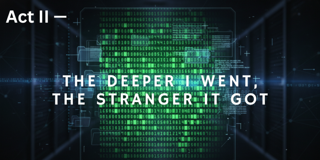 Title card: Act II - The Deeper I Went, The Stranger It Got. The text overlays a dark, futuristic background with green, cascading binary code and server rack schematics, suggesting a deep dive into data.