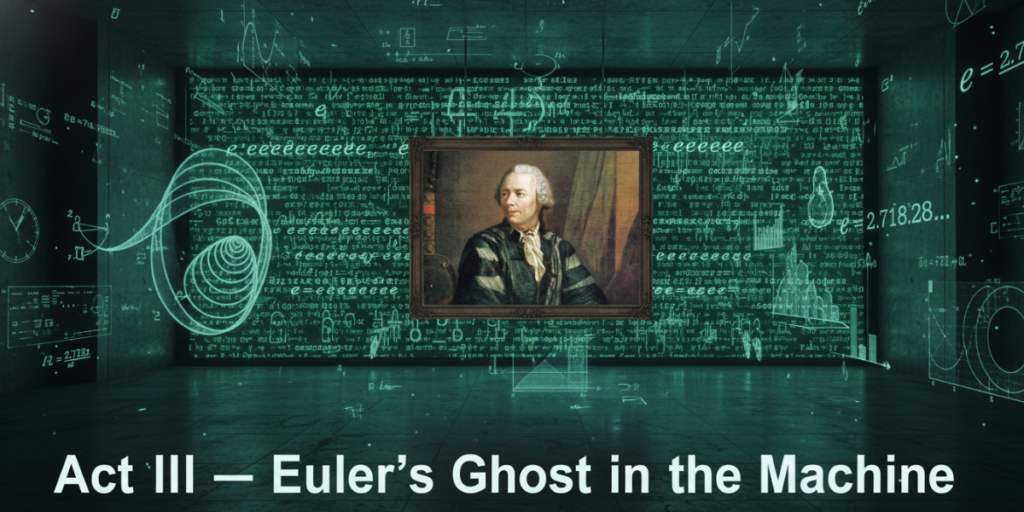 Title card: Act III - Euler's Ghost in the Machine. Features a central portrait of mathematician Leonhard Euler in a dark frame, surrounded by glowing green math equations, including the number 'e' and a logarithmic spiral.
