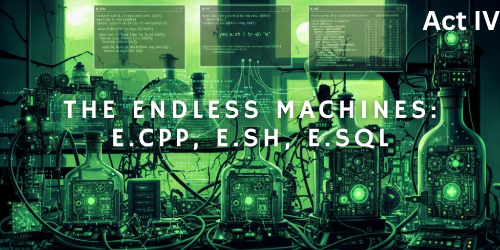 Title card: Act IV - The Endless Machines: E.CPP, E.SH, E.SQL. Features a dark, mad-scientist lab with glowing green code displayed on screens above clear glass bottles containing mechanical, circuit-board devices.