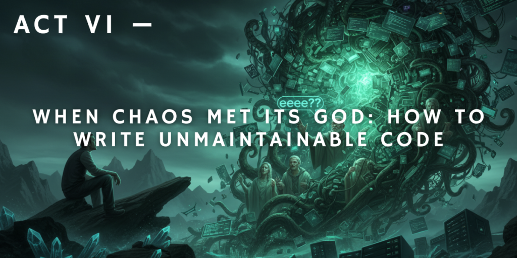 Title card: Act VI - When Chaos Met Its God: How to Write Unmaintainable Code. Features a dark, fantastical, and chaotic scene with a central figure on a dark throne surrounded by glowing code and people looking up in awe.