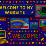 Vibrant retro digital art inspired by early internet websites — neon colors, nostalgic graphics, and creative 2000s-style web design elements.