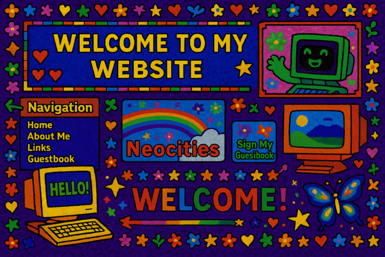 Vibrant retro digital art inspired by early internet websites — neon colors, nostalgic graphics, and creative 2000s-style web design elements.