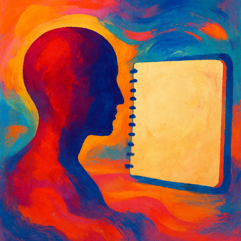 Abstract vibrant painting of a human silhouette facing a glowing blank notebook, surrounded by swirling colors symbolizing creative inspiration.