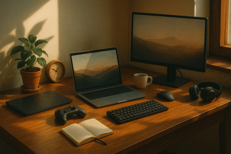 Artistic photo of a minimalist wooden desk with a laptop, monitor, keyboard, coffee mug, notebook, and potted plant bathed in soft morning sunlight.