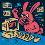 Angry pink cartoon rabbit typing furiously on an old beige computer with “SHIT” flashing on the monitor, surrounded by chaotic retro internet pop-ups.
