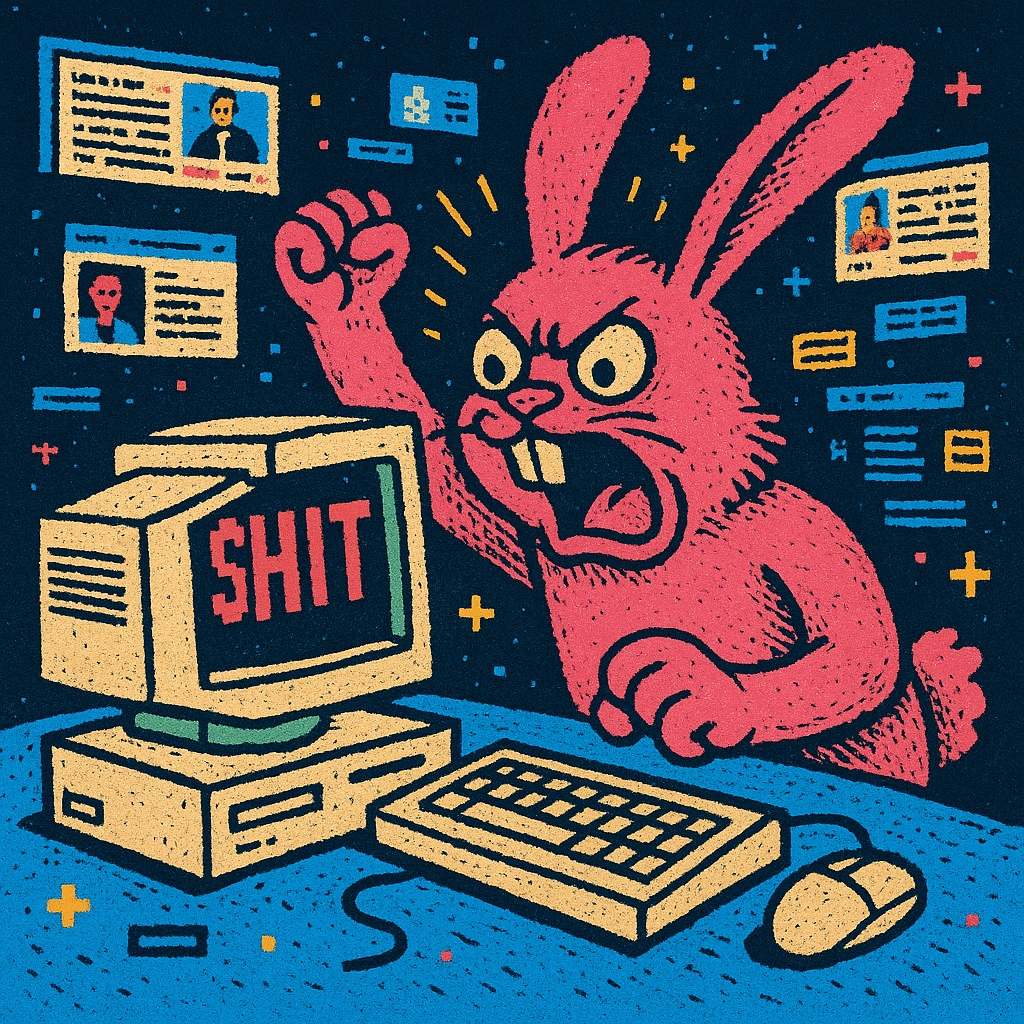 Angry pink cartoon rabbit typing furiously on an old beige computer with “SHIT” flashing on the monitor, surrounded by chaotic retro internet pop-ups.