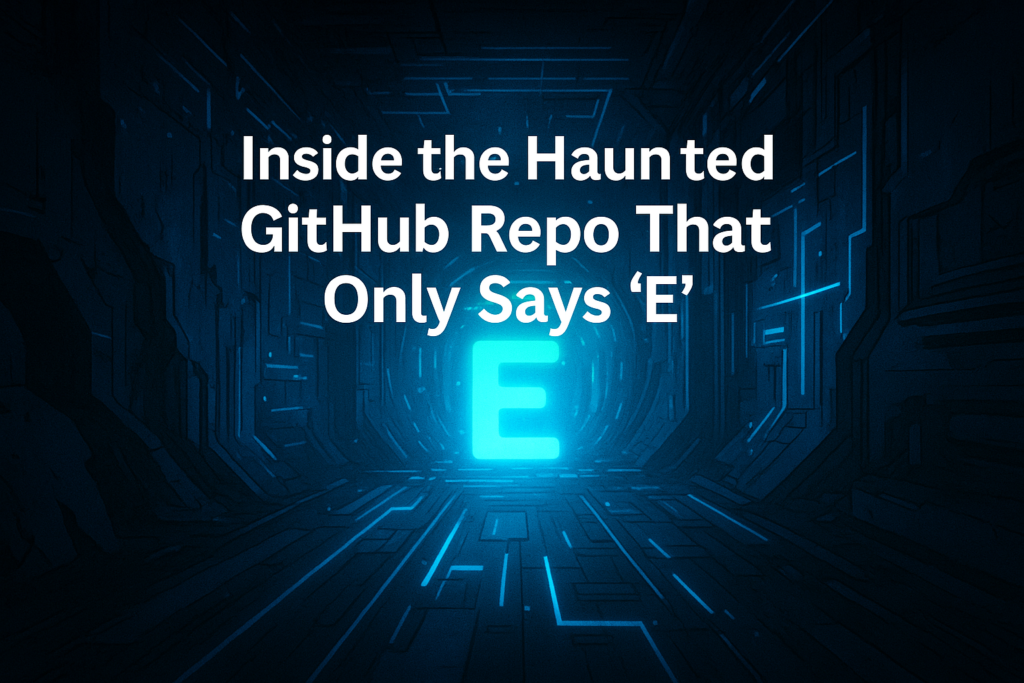 A dark futuristic digital landscape with glowing blue code shaped like the letter E, symbolizing the mysterious GitHub repo that endlessly prints “E.”