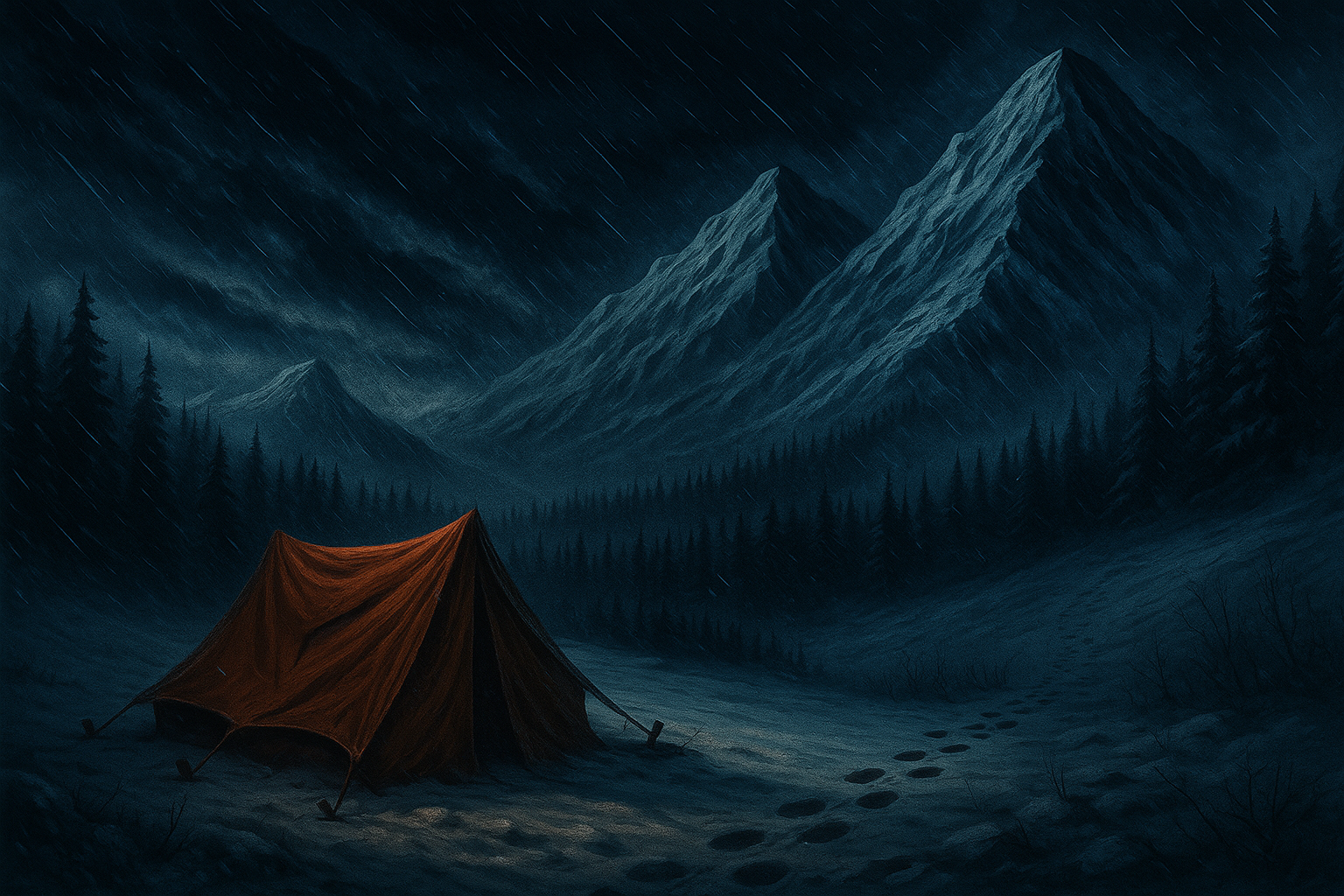Illustration of a lone tent under a snowstorm in the Ural Mountains at night, inspired by the Dyatlov Pass incident. (Casual Yaps)