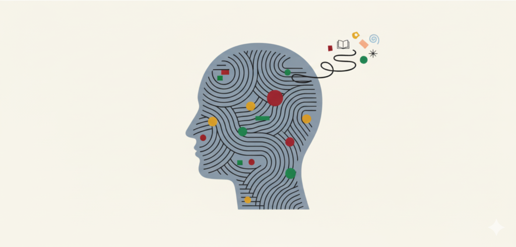Abstract profile of a human head, filled with swirling, maze-like lines in a muted blue-gray. The lines contain scattered abstract shapes in solid colors like red, green, and yellow, representing thoughts or internal noise. A single, dark, curving line exits the back of the head, connecting to a small cluster of simpler, quieter symbols—a book, a spiral, a star—against the soft, off-white background, symbolizing the quiet emergence of creativity and deeper thought from the "noise" of the mind.